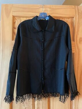 Selene Sport Black Button-Front Shirt with Fringe Trim